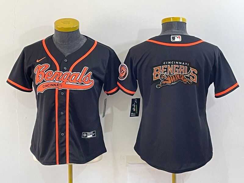 Women%27s Cincinnati Bengals Black Team Big Logo With Patch Cool Base Stitched Baseball Jersey